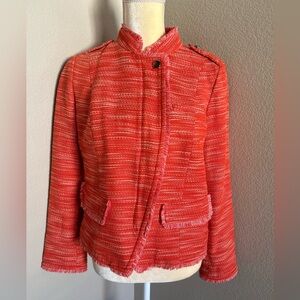 Chico’s orange tweed fringe jacket size 1